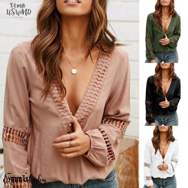 

2020 women long sleeve loose t shirt summer women casual t shirts v neck hollow out lantern sleeve t, White