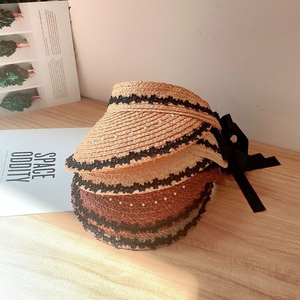 

2020 internet lace straw celebrity lafite empty hat children's summer sunshade lace pearl straw hat outdoor cap, Blue;gray