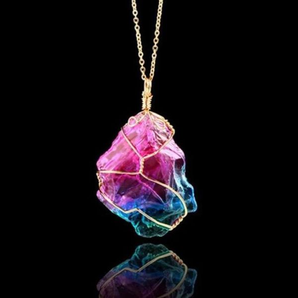 

natural crystal irregular colorful rainbow stone quartz gold plated chakra rock pendant quartz long necklace women jewelry gift, Silver
