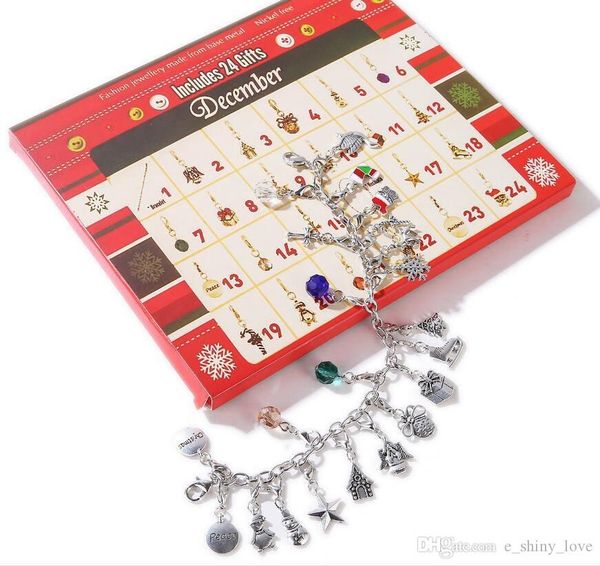 

new christmas ornaments calendar gift box 22pcs charms pendants 1pcs bracelet 1pcs necklace set diy gift jewelry making accessory002, Silver
