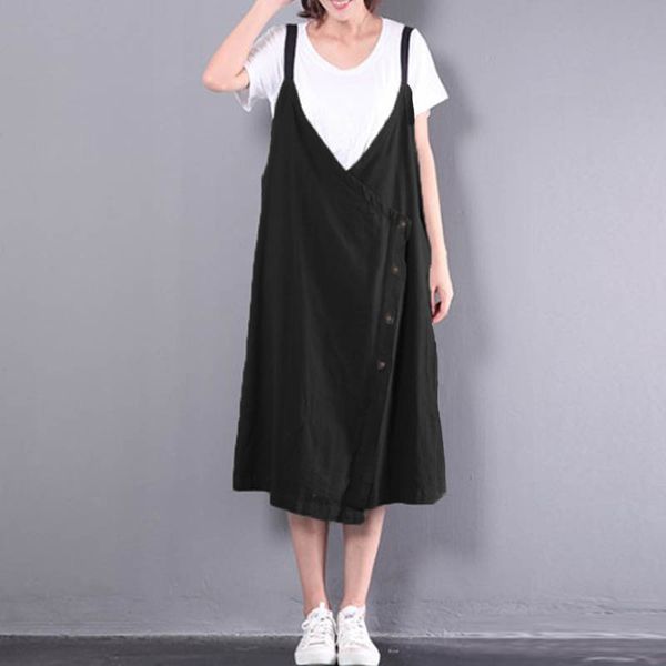 

2020 zanzea women overalls dress elegant starppy v neck vestidos female casual sleeveless short sundress solid buttons robe 5xl, Black;gray
