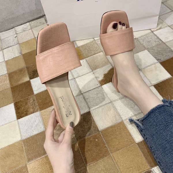 

female shoes slippers women summer slides square heel fashion med 2020 block massage soft luxury fabric rubber casual pu hoof, Black