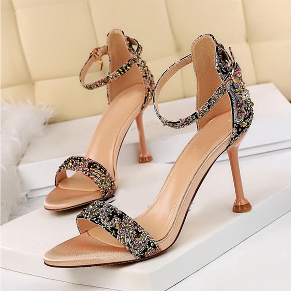 

women stilettos sandals retro ladies rhinestone flower cloth thin high heels women's open toe crystal new 2020 fashion shoes, Black