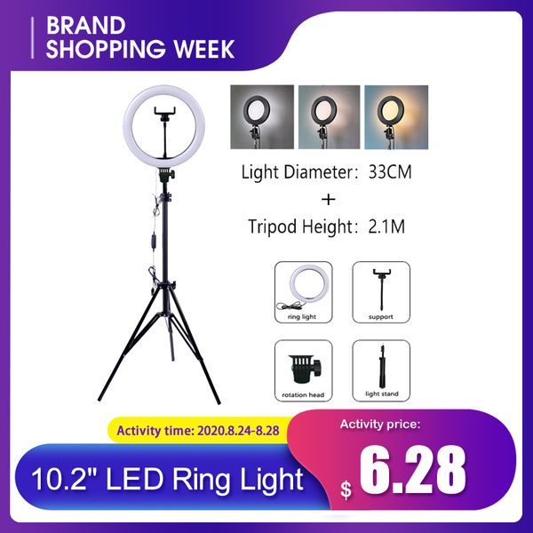 

flash heads 5 options pography 10.2" led ring light 3200-5500k lamp with tripod usb selfie for live streaming makeup youtube cell phone