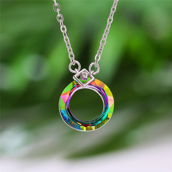 

dainty female rainbow crystal stone necklace classic silver color wedding jewelry cute hollow round pendant necklaces for women