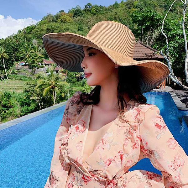 

wide brim hats beach for women large straw hat uv protection foldable sun shade wholesale drop, Blue;gray