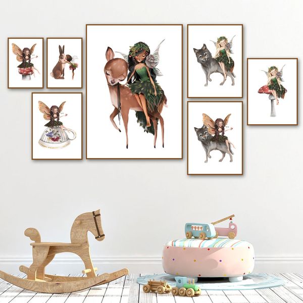 

little fairy animals deer dog rabbit wall art canvas painting nordic posters and prints wall pictures baby girl kids room decor