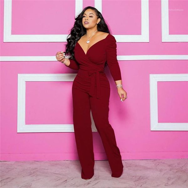 

autumn solid color deep v neck long sleeve party ladies rompers fashion loose female suits womens jumpsuits, Black;white
