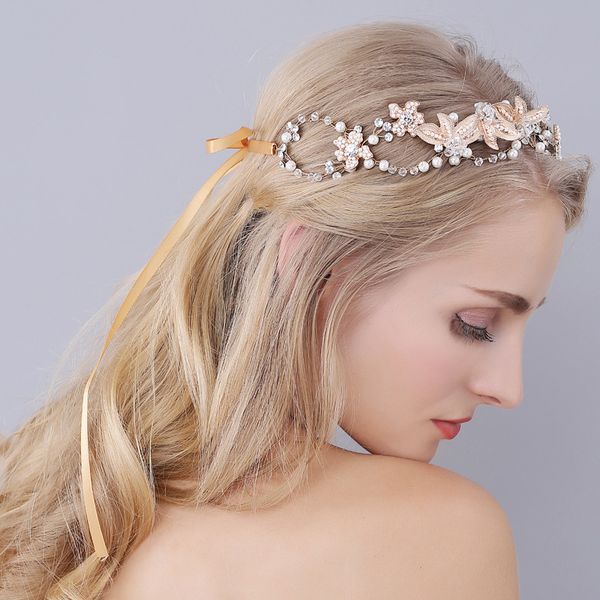 

o937 handmade bridal headdress three leaf flower bridal hair accessories double strand wide hair belt wholesale source, Golden;silver