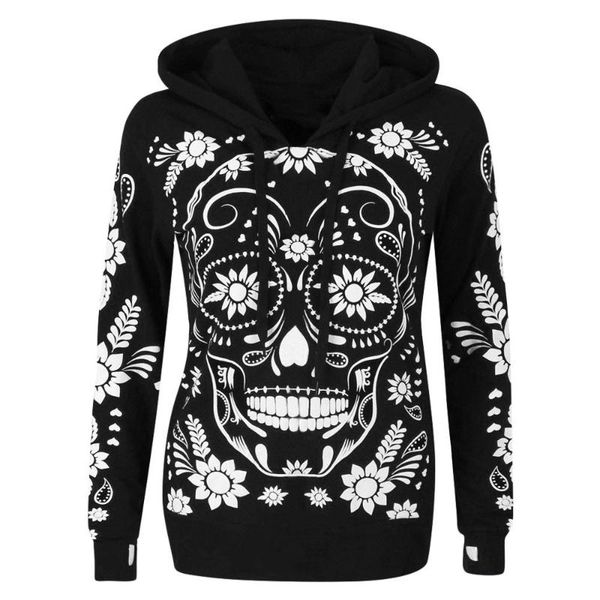 

daddy chen skull printed hoodies cotton hoody ladies funny women winter hooded warm coat plus size streetwear gothic clothes, Black