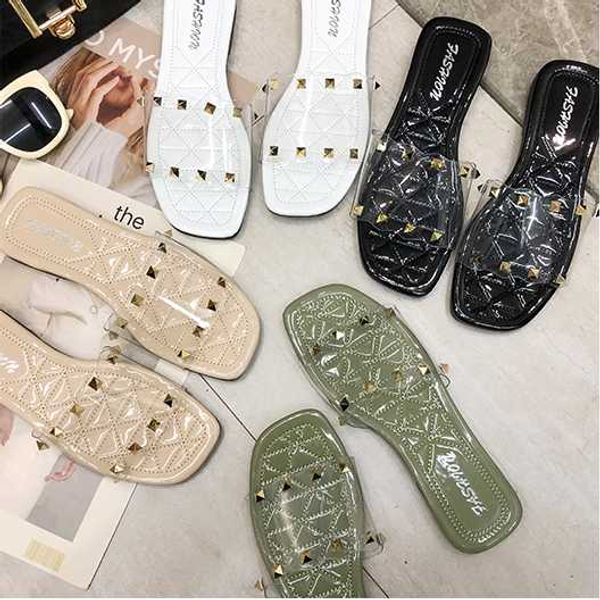 

2020 transparent flat slippers women sandals summer shoes women transparent rivet wedding jelly buty damskie square crystal, Black