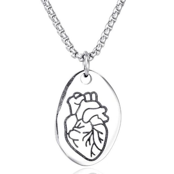 

stainless steel heart organ cardiac engrave metal pendant necklace human organs jewelry gift for him, Silver