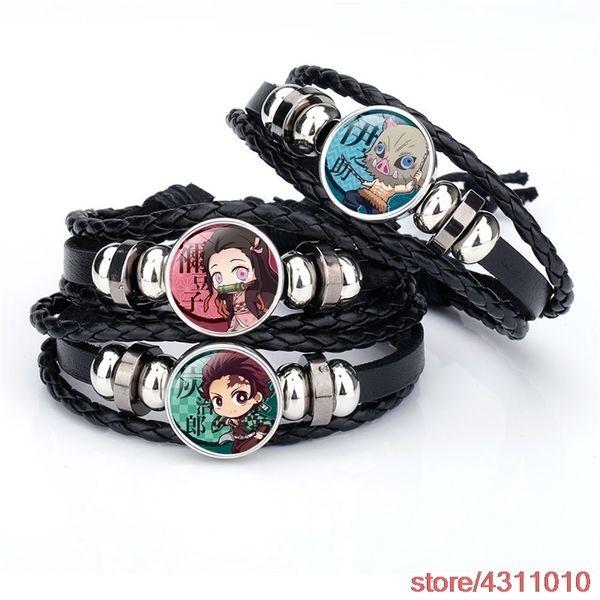 

fashion anime demon slayer kimetsu no yaiba bracelet kamado tanjirou nezuko leather rope charm bracelet bangles handmade, Golden;silver