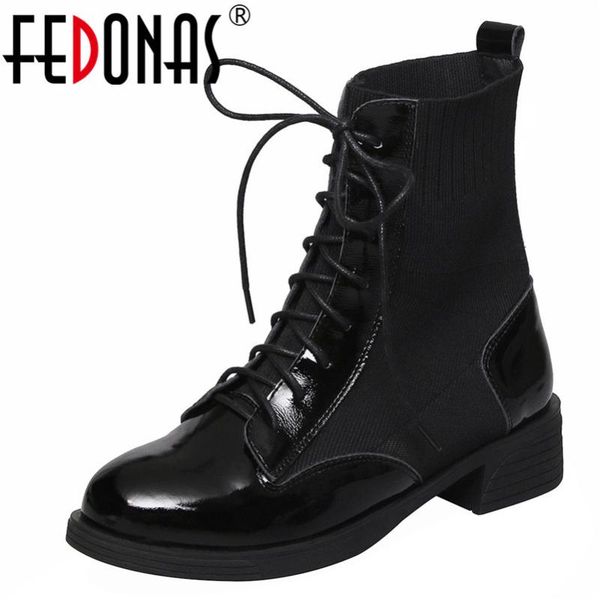 

boots fedonas 2021 black cow patent leather knitting women ankle classic round toe square heels western office shoes