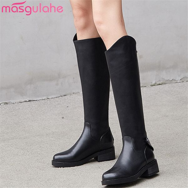 

masgulahe 2020 winter genuine leather boots round toe knee high boots med heels black fashion womens riding