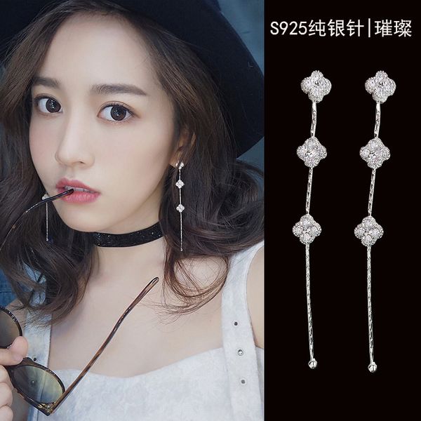 

korean-style s925 silver needle natural leaf tassel ear stud diamond set zircon clover of four leaves ear pendant earrings, Golden;silver