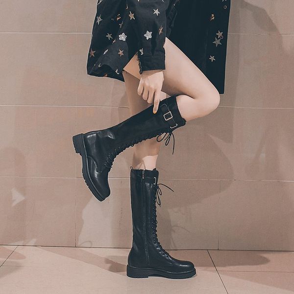 

2020 autumn and winter new women's long boots korean version of the wild lace-up fashion knight boots, Black