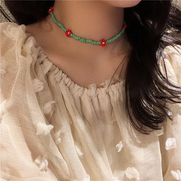

chokers korean small beaded necklace women fashion collar colorful beads daisy flower handmade party jewelry short clavicle chain, Golden;silver