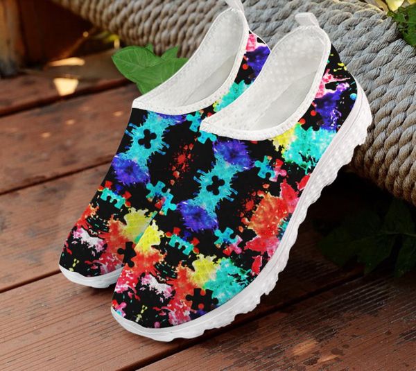 

instantarts 2020 women flats slip on art autism awareness pattern 3d print white sneakers zapatos mujer breathable mesh sneakers, Black