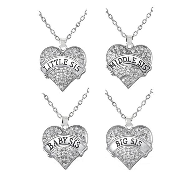 

drop shipping big sis middle sis little sis baby crystal heart pendant necklace sisters jewelry gift boho style, Silver