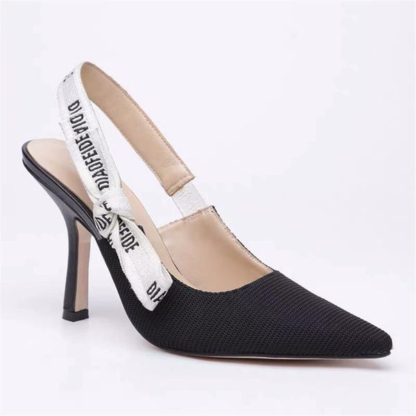 

queepace breathable air mesh upper high heels shoes women pointed toe slingbacks letter back strap sandals shoes woman, Black