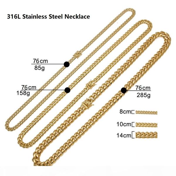 

316l stainless steel dragon latch clasp cuban link necklaces for men curb chains jewelry 30inch 8mm 10mm 14mm, Silver