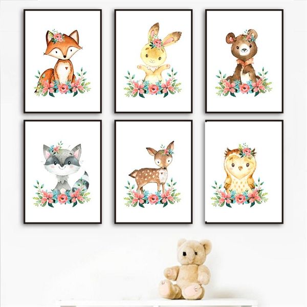 

fox rabbit bear deer owl raccoon nursery wall art canvas painting nordic posters and prints wall pictures baby girl room decor