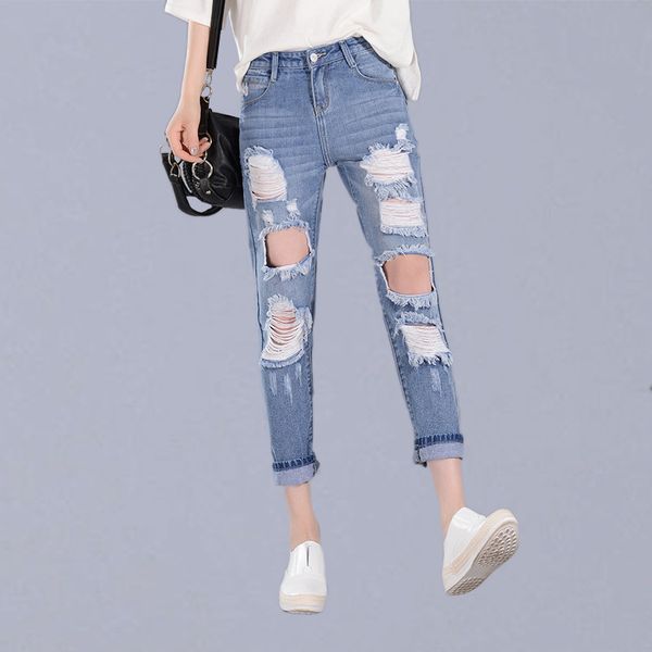 

high waist ripped jeans for women new fashion korean boyfriend jeans pants female casual deinm pencil pants with hole p123, Blue