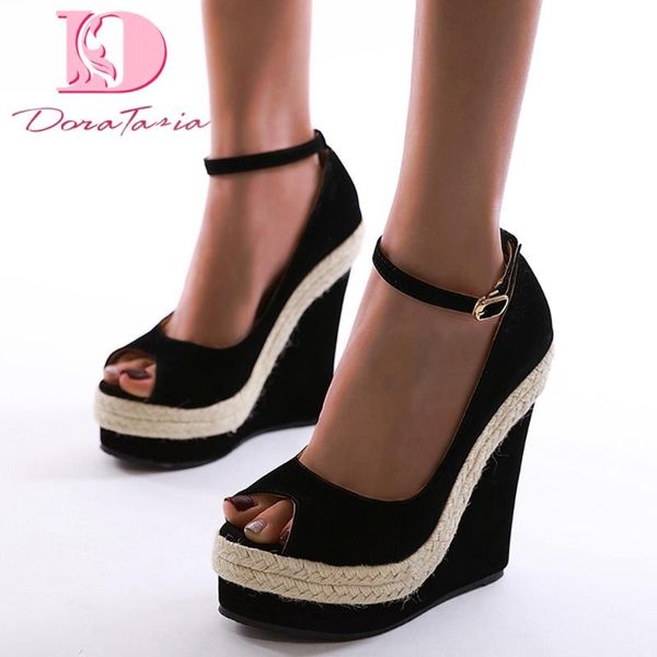 

тася 2020 brand design гладиатор flock женщин сандалии высокий клинья peep toe насосы платформы summer sexy party женщина обувь, Black