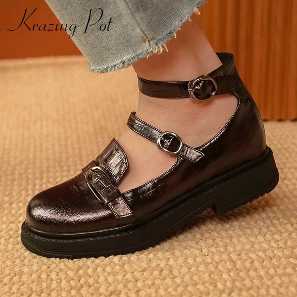 

krazing pot new cow leather gingham metal fasteners high fashion mature round toe med square heels buckle straps women pumps l39, Black