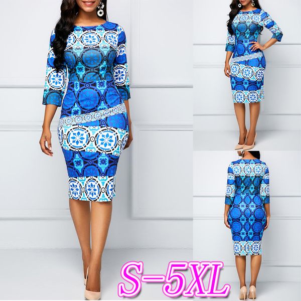 

fashion print dress women maxi sheath spring summer bodycon dress knee-length o-neck indie folk party slim vestidos, Black;gray