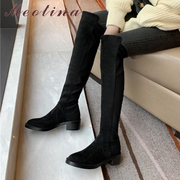

meotina winter over the knee boots women natural genuine leather thick heel thigh high boots slim round toe shoes female size 39, Black