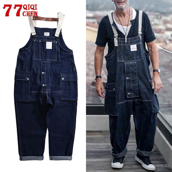 

men's pants denim overalls men street jeans cargo work rompers male functional multi-pocket coveralls loose hip hop bib trousers, Black
