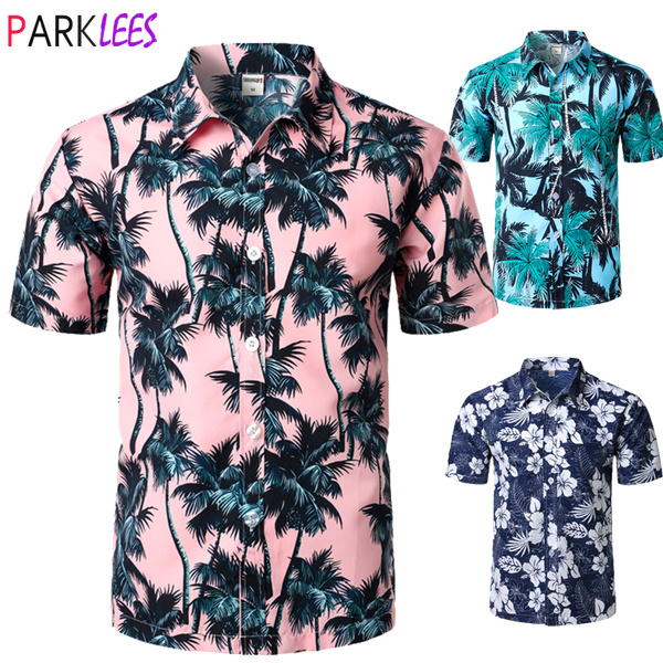 

palm tree printed hawaiian beach shirt for men 2019 summer short sleeve 5xl aloha shirts mens holiday vacation clothing chemise, White;black