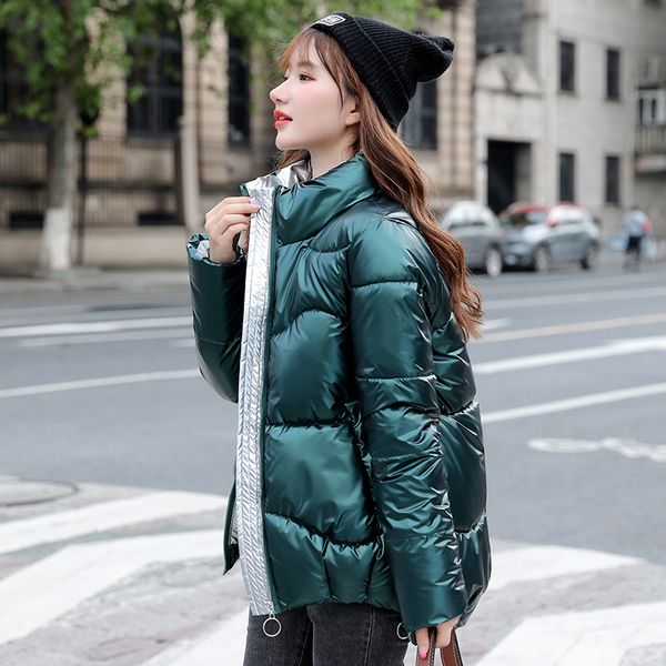 

2020 осень женские зимние пальто моды глянцевая подставка воротник ветровки зимняя куртка женщин shinny проложенный хлопка пальто, Black