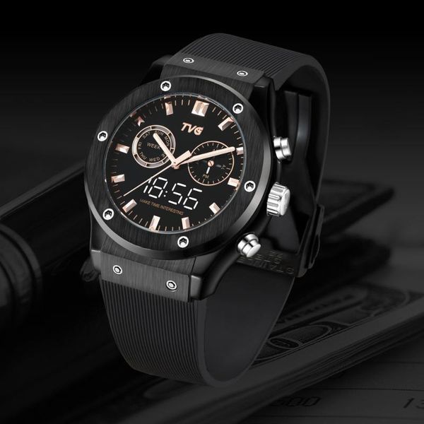 

tvg mens new fashion white light luminous dual display quartz watch pu watch band waterproof led digital men sport, Slivery;brown