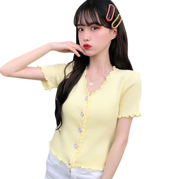 

women t-shirt ruffles knitting crop v-neck short-sleeved button cardigan summer clothing, White