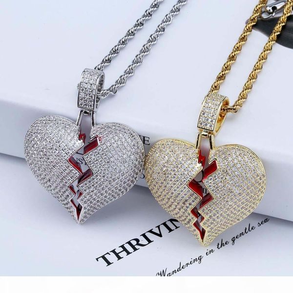 

rillz solid broken heart lced out necklace & pendant charm for men women gold color cubic zircon necklace hip hop jewelry, Silver