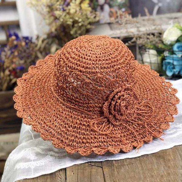 

handmade knitted floral beach sun hats women sweet outdoors straw hat travel all match big brim dome caps collapsible 55-58cm, Blue;gray