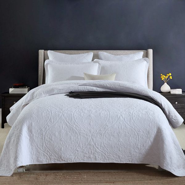 

3-colors cotton bedspread quilt and pillow shams 3pcs solid bedding embroidered quilts bed covers king queen size coverlet set