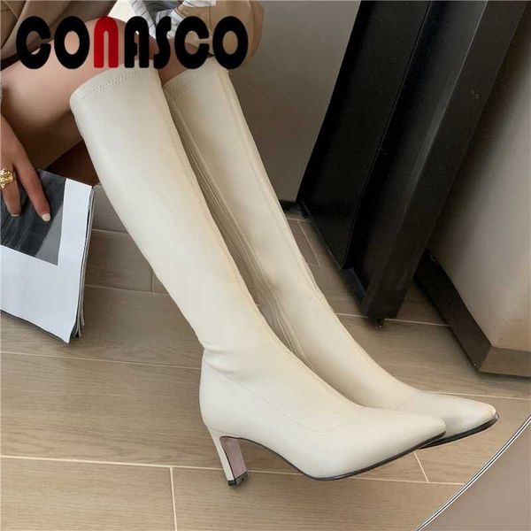 

conasco new concise women knee-high boots autumn winter warm side zipper long shoes woman high heels long boots stretch, Black