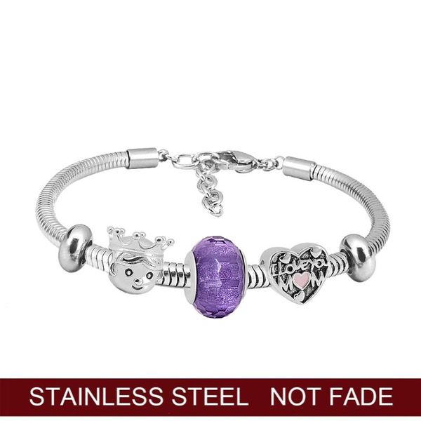 

2020 new stainless steel bead enamel prince mum dangle charm fit pandoras bracelet with purple murano beads diy women jewelry, Golden;silver