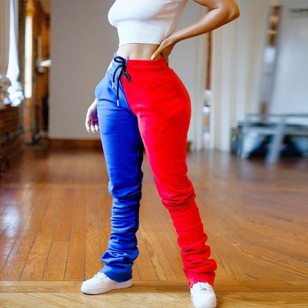 

women patchwork joggers trousers fashion high waist drawstring running sweatpants with side pockets casual female stacked pants, Black;blue