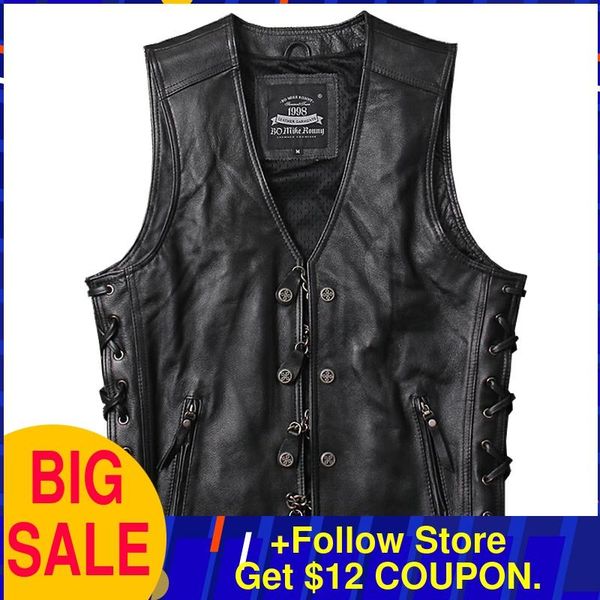 

2020 black men genuine leather vest double breasted plus size xxxxl slim fit short real cowhide biker's leather vest, Black;white