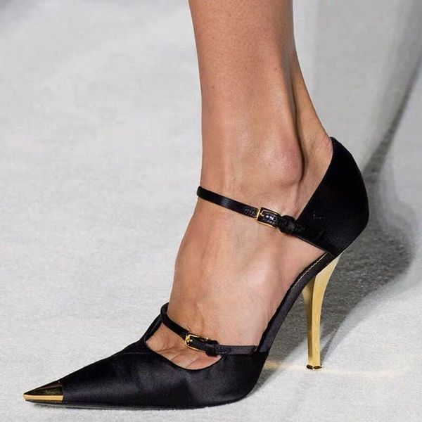 

new autumn pumps women silk ankle strap metal pointed toe high heels shoes women fashion ladies shoes zapatos de mujer 2020, Black