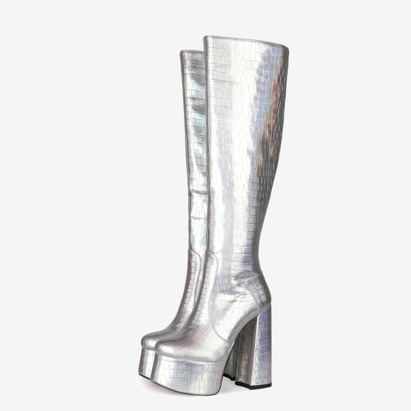

arden furtado 2020 fashion women's shoes elegant women's zipper chunky heels knee high boots big size snakeskin silver boots 43, Black