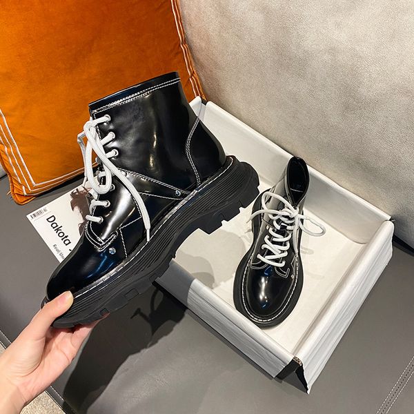 

lace up white ankle boots leather women's shoes luxury designer round toe summer booties low lolita rubber med fashion rock, Black