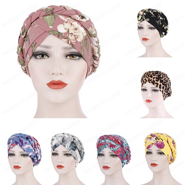 

floral print front cross muslim turban cap braid scarf for women islamic inner caps arab wrap head cover femme bonnet indian beanie arab, Blue;gray