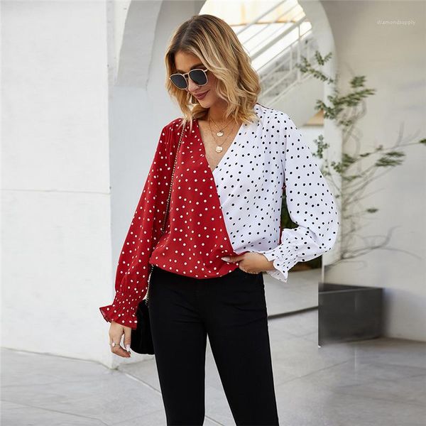

dot printed tshirts v neck panelled ladies casual tees womens polka, White