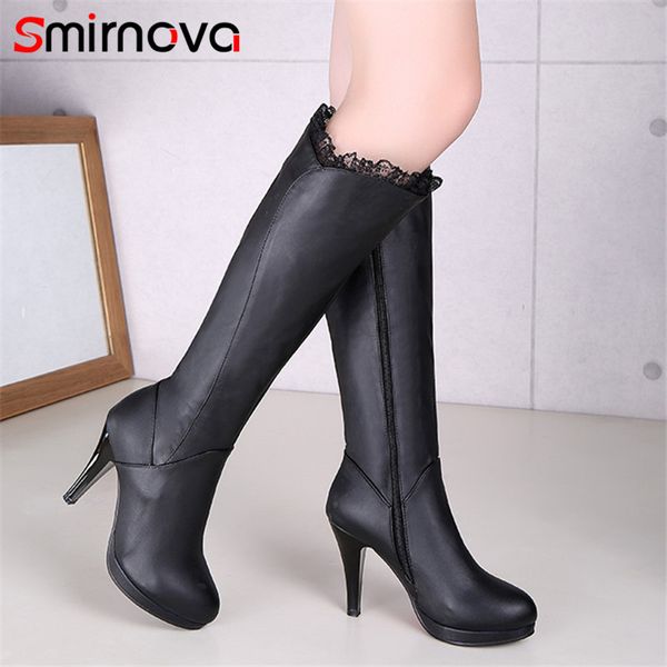

boots smirnova 2021 arrival knee high women round toe zip thin heels platform elegant party prom shoes ladies, Black